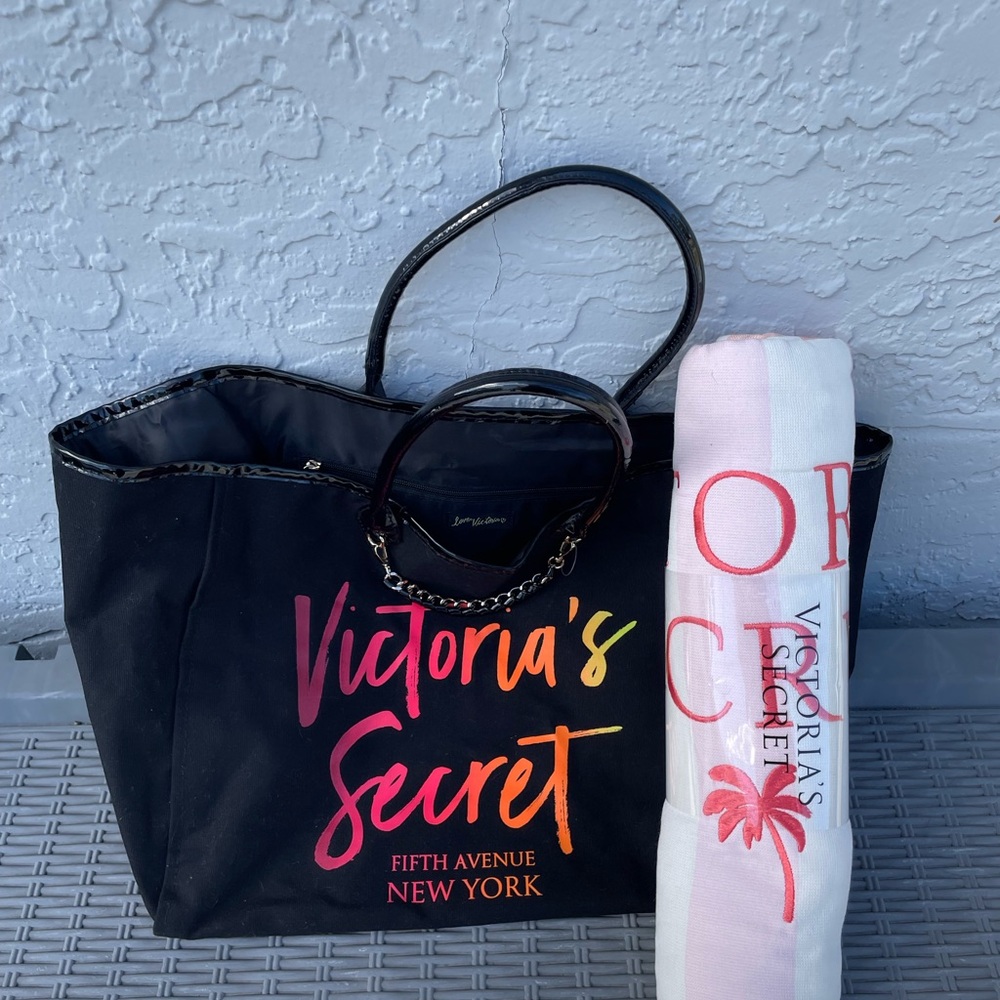 Victoria's Secret Black and Pink Tote with Towel